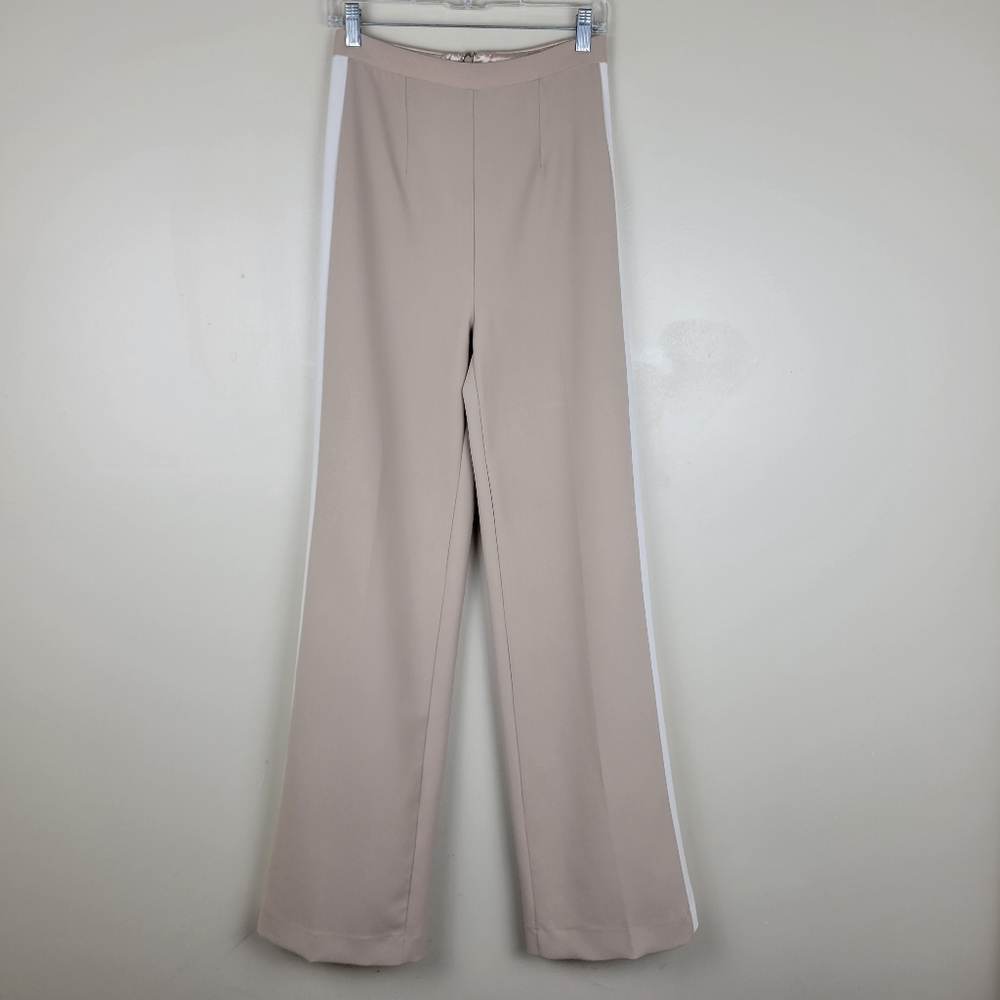 Jovani Beige Wide Leg Pants with White Side Stripe